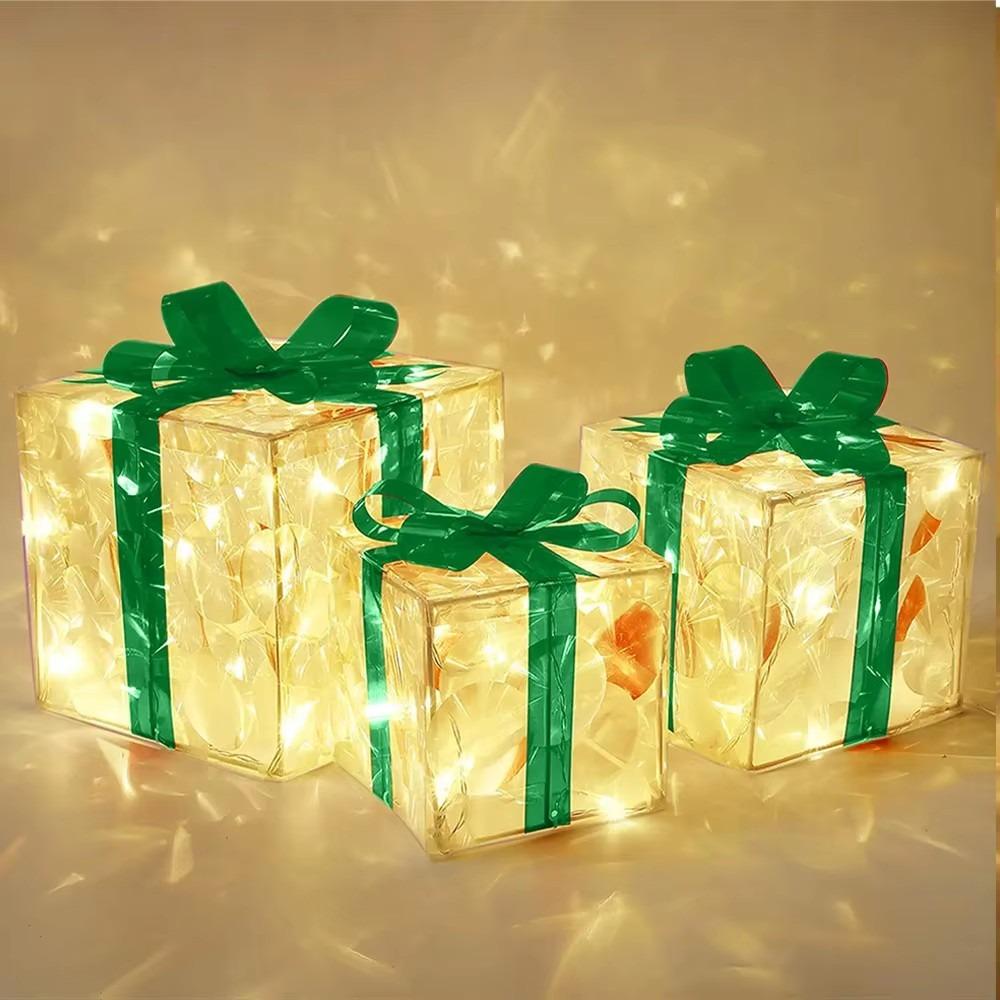 Conjunto de 3 Peças/Conjunto DIY Caixa de Presente de Natal em PVC Luminosa com Fita de Laço Caixa de Iluminação de Natal Caixas de Presente Dobráveis Iluminadas para Exterior