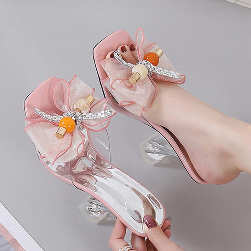 Liyke Transparent Slippers For Women Summer Fashion Green Butterfly -Knot Designer Sandals Clear Heels Size 46 Female Shoes