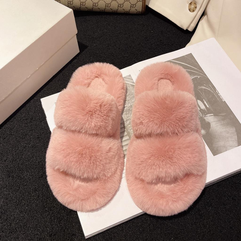 Mao Mao slippers women's new fashion autumn and winter one-word flat-bottomed household cotton slippers