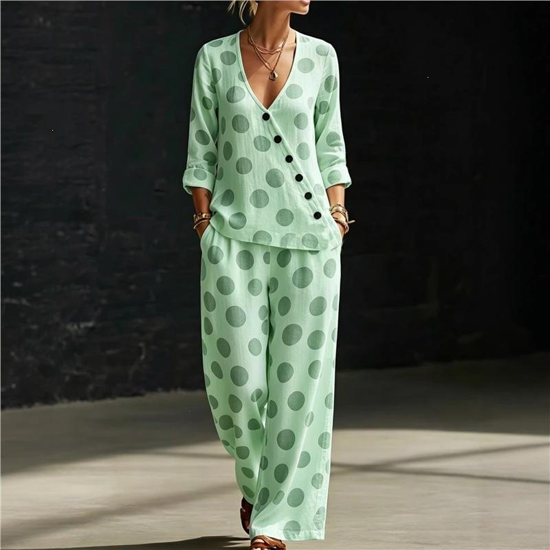 Summer new pink flamingo print V-neck diagonal shirt wide-leg pants two-piece set women's casual suit