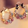 Women Multicolor Rhinestone Inlaid Bowknot Decor Stud Earrings Jewelry Gift