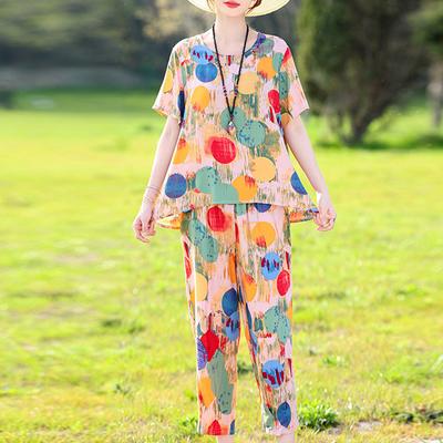 Letnie eleganckie komplety spodni Plus rozmiar Casual luźny dwuczęściowy zestaw z nadrukiem w stylu vintage dla kobiet