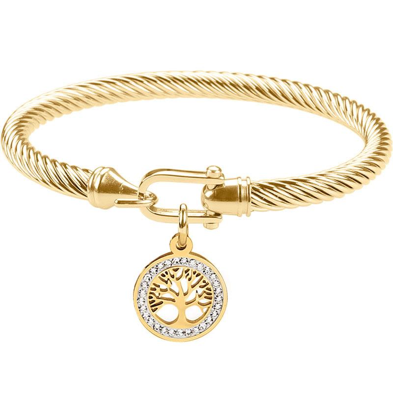 

Golden Twisted Cable Bracelet With Tree Of Life Pendant - Stainless Steel Jewelry For Women Daily Party Wear золотий