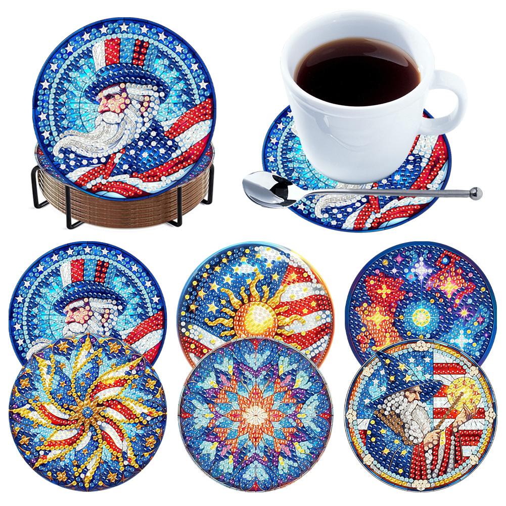 6Pcs/Set Diamond Painting Coasters with Holder DIY Diamond Art Coaster Set Wooden for Beginners Adults Art Craft Supplies