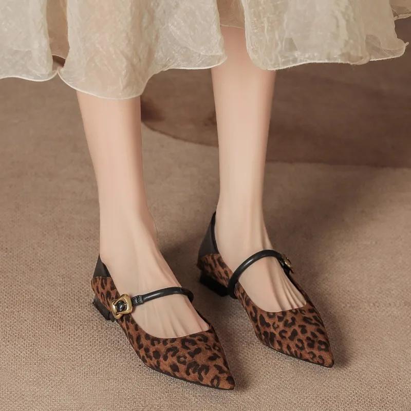 Fashion Pointed Toe Leopard Print Shallow Mouth Pumps 2025 New Hot Sale Light Retro Mid Heel Buckle Strap Women's High Heels