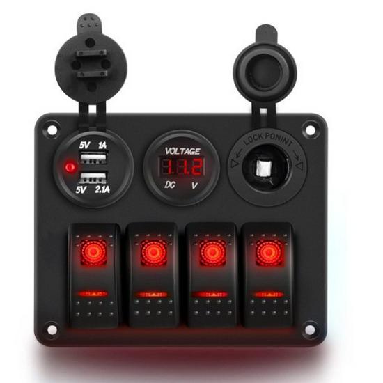 Pannello blu 4 in 1 per barca e auto: Interruttore + Caricabatterie + Voltmetro + Presa Accendisigari