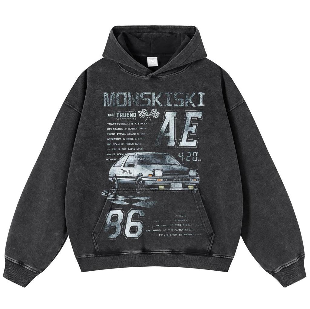 Streetwear Racing Car Graphic Washed Black Oversized Unisex Long Sleeve Hoodie