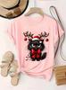 Ladies' Christmas Cat T-shirt Adorable with A Christmas Hat and Antlers Perfect for Holiday Parties Harajuku Short Sleeve Casual