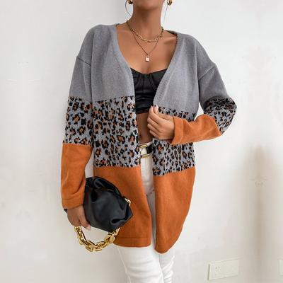 Temperament Elegance Outer Wear Autumn and Winter Fashion Loose Women's Leopard Print Color Collision Long-sleeved Cardigan Sweater Women