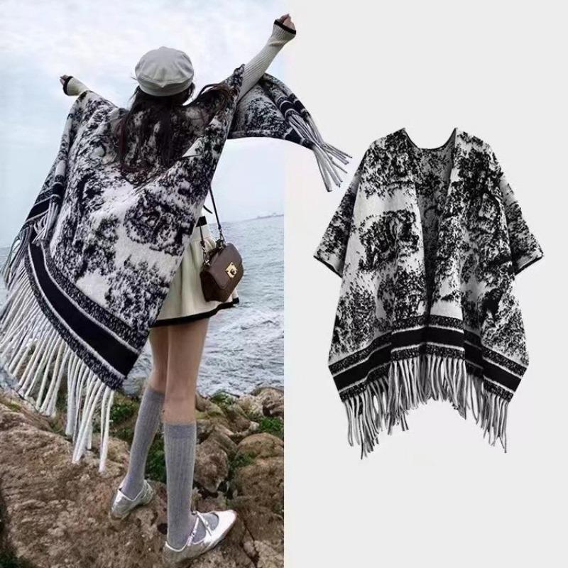 Black White Mottled Print Tassel Hem Open Front Poncho Cape Thick Knit Travel Blanket Wrap Shawl One size белый