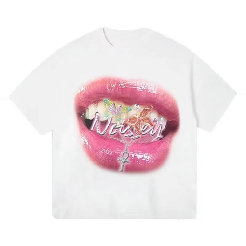 Labbra Chic Denti Dorati Vintage T-shirt Rock Goth Casual Estiva Manica Corta High Street Oversize T-shirt Harajuku Stampa Grafica