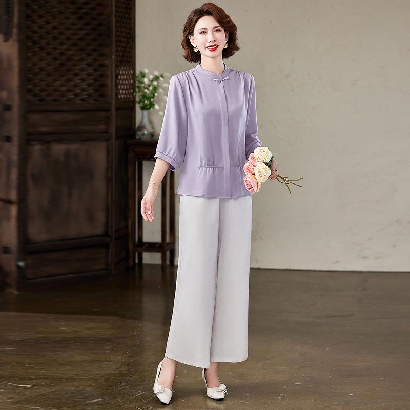

Elegant Summer Loose-Fit Round Neck Shirt - Five-Sleeve Plain for Mothers in New Chinese Style 5XL (for 150-165 jin) фиолетовый