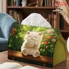 2D Flat 1pc, Tissue Box. Kitten Drinking Tea Pattern Napkin Paper Dispenser, Reusable, Daily Desktop Tissue Storage Box, Suitable for Kitchen Living R