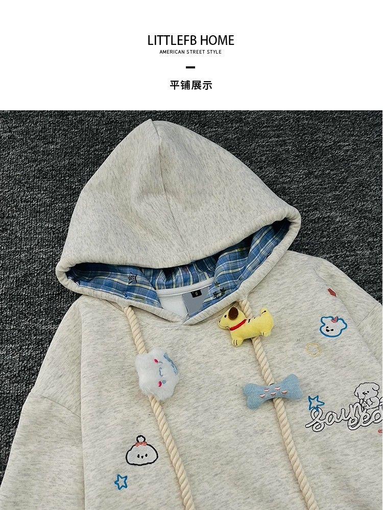 Hooded Spring and Autumn Embroidered Thin Cartoon Plus Velvet Thickened Trendy Student American Heavy Coat Loose Version Hoodie