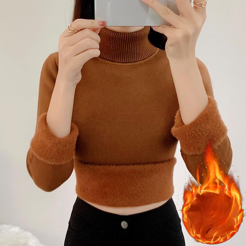 Zimowy sweter z golfem damski sweter z dzianiny Slim Tops elegancki gruby aksamitny podszewka ciepły sweter dżersejowy sweter dzianinowy