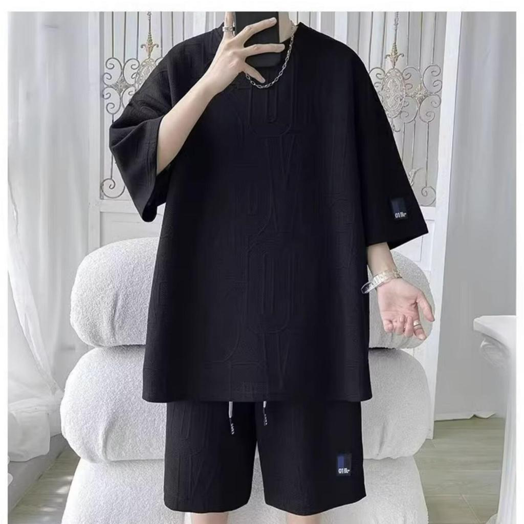 Completo Moda Estiva Uomo Marca Trendy Set Bello con Pantaloncini Corti Casual Sportivi Jacquard a Maniche Corte Completo Due Pezzi