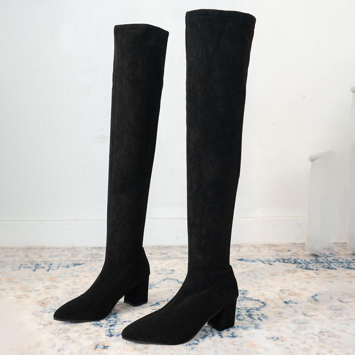 

Модные женские сапоги выше колена, новые однотонные уличные сапоги, зима 2024, горячая распродажа, модные замшевые сапоги с острым носком и толстой обувью для женщин 38