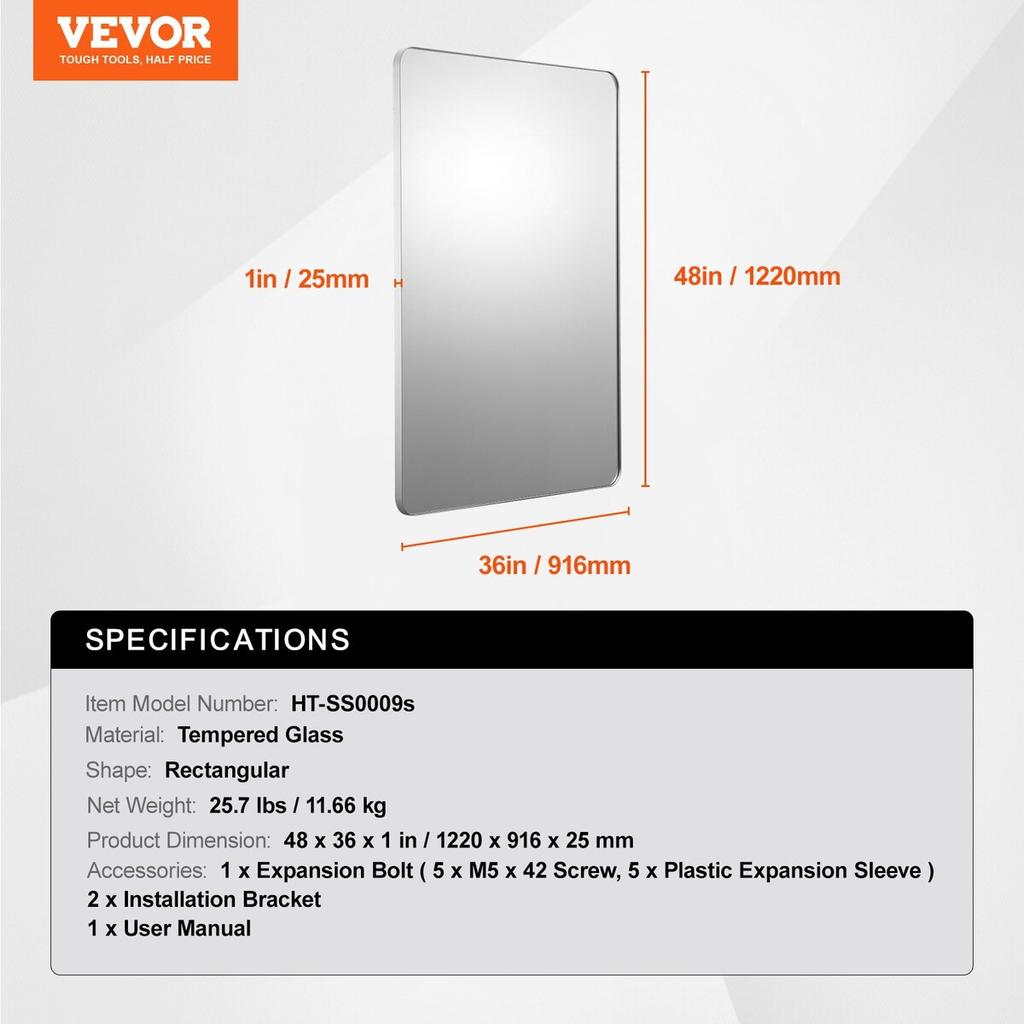 Square Wall Mounted Mirror 36" X 48" Mirror with Aluminium Alloy Frame