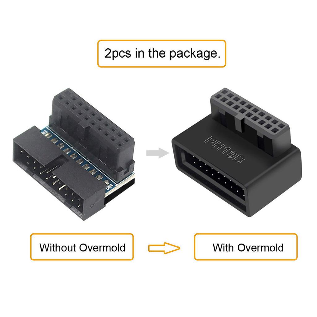 U3-091 PH19A+PH19B 2Pcs USB 3.0 20Pin Male To Female Extension Adapter Up and Down Angled 90 Degree Overmold Converter