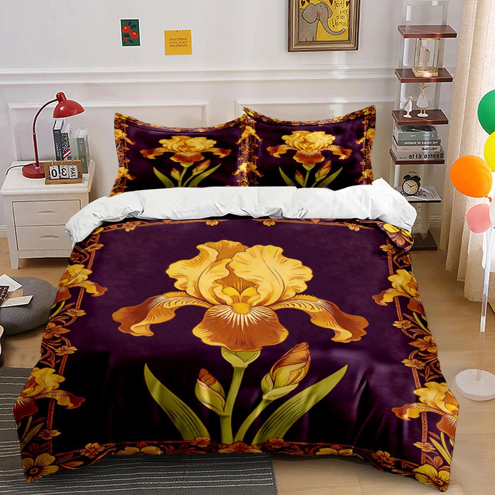 Golden iris flower pattern. Bedding sets Duvet cover sets Duvet covers Pillowcases(1* Duvet Cover 2* Pillowcases without duvet insert)