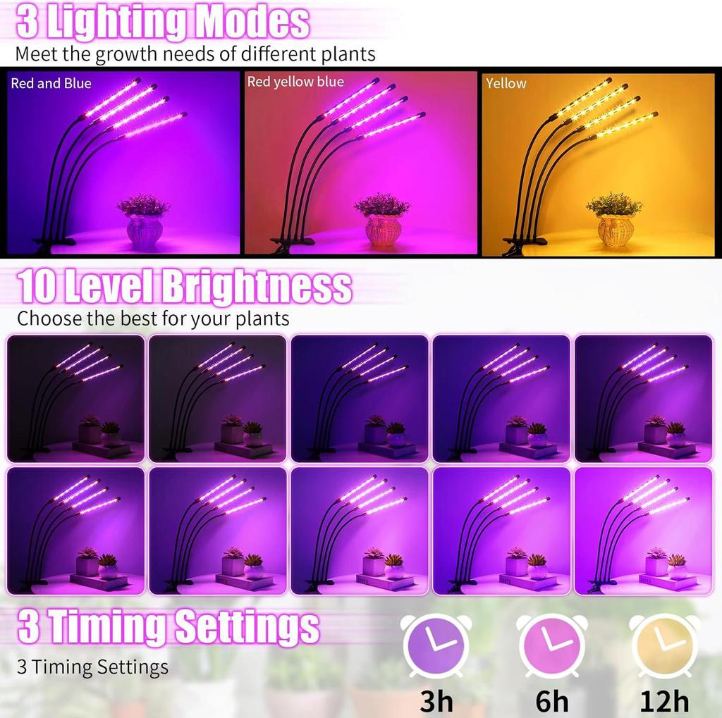 Dimmable Full Spectrum LED Grow Light with Timer and Clip for Succulents and Sunlight Imitation