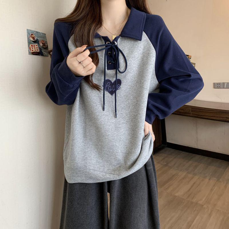 Women's Plus Size Polo Neck Hoodie: Autumn/Winter Korean Style, Loose Raglan Long Sleeve, Slimming Base Top for a Flattering Look