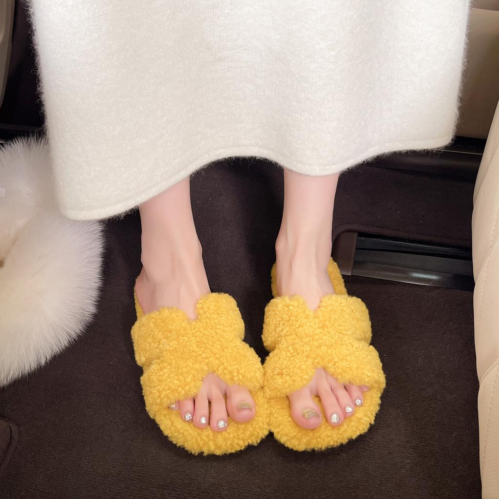 Internet-Berühmtheit Teddy Fellhausschuhe Damen tragen 2025 Frühling und Herbst neu fellige Baumwollschlepp Flachboden warme Hausschuhe