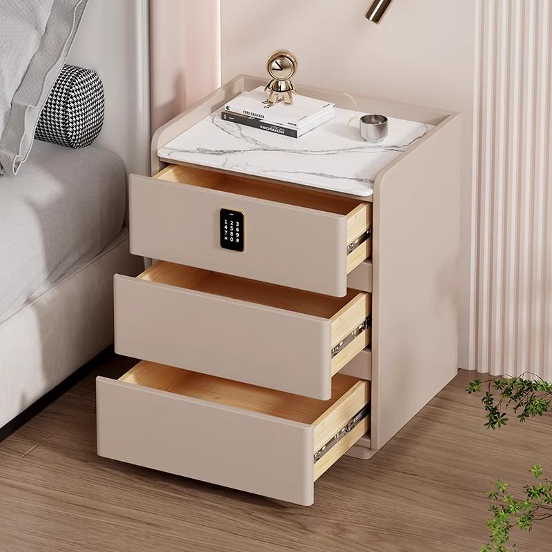 Modern Minimalist Solid Wood Nightstand Cream Style Bedside Table with Wireless Charging Hub Storage Cabinet for Bedroom
