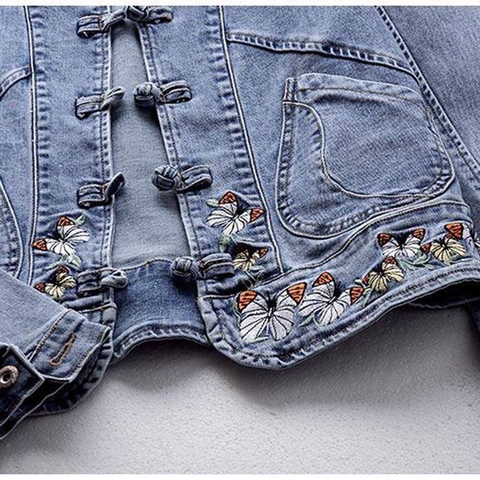 Spring and Autumn Denim Jacket Women's Short All-match Retro Chinese Style Embroidered Stretch Jacket Slim Top Trendy
