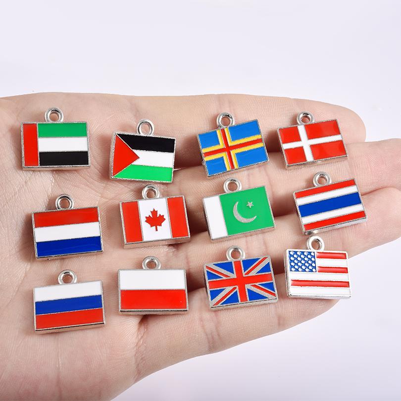 5pcs/Lot Different Countries Flags Enamel Charms For Jewelry Making Supplies Rectangle Silver Color Pendants Handmade Materials
