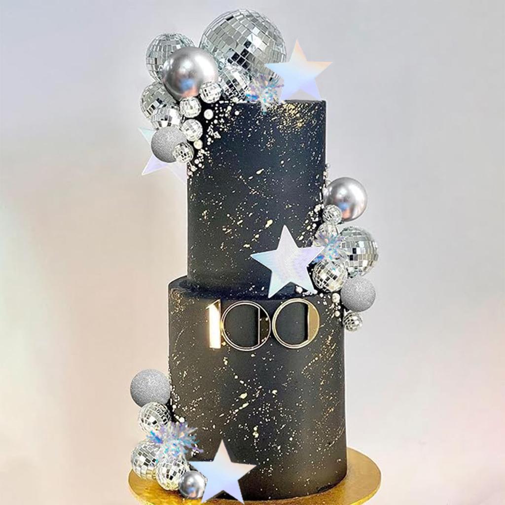 Disco Ball Cake Topper Mirror Balls Cake Decorations with Silver Stars Cake Topper for 70s 80s Disco Dance Party Supplies