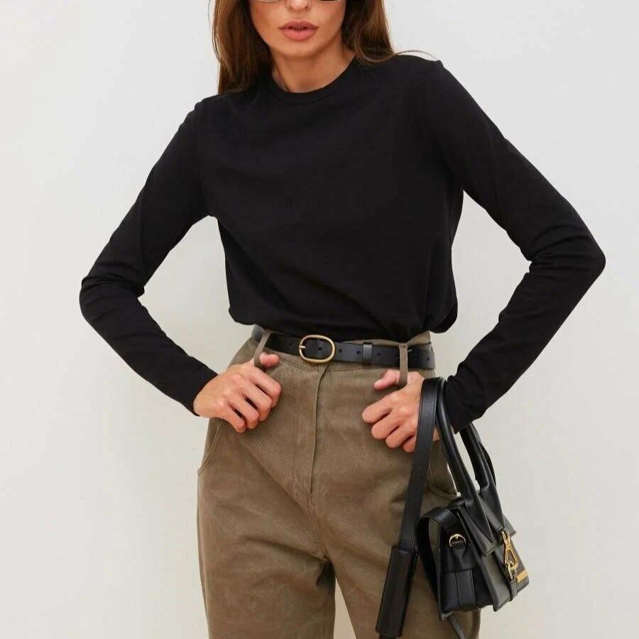 GMXIA Baumwoll-T-Shirt Frühling Damenmode Rest Vielseitiger Pendlerpullover Rundhals Langarm-T-Shirt