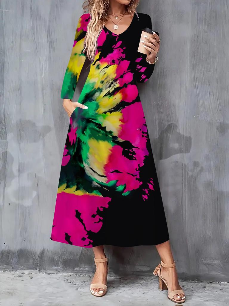 2025 Autumn and Winter New Women Casual Fashion Dress 3D Retro Pattern Print Long Sleeve V-Neck A-Line Dresses