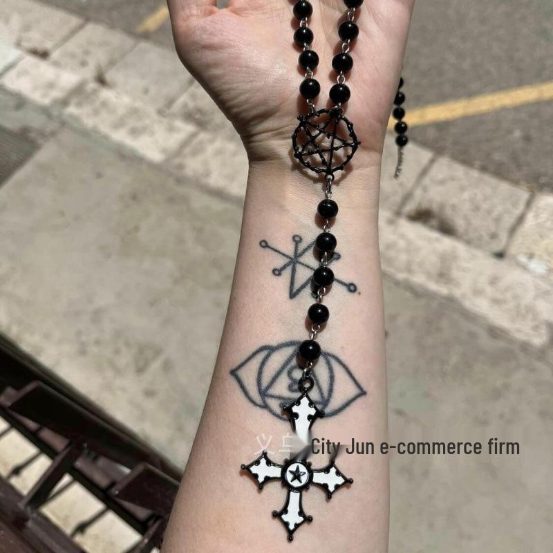 Victorian Gothic Inverted Cross & Pentagram Bead Necklace
