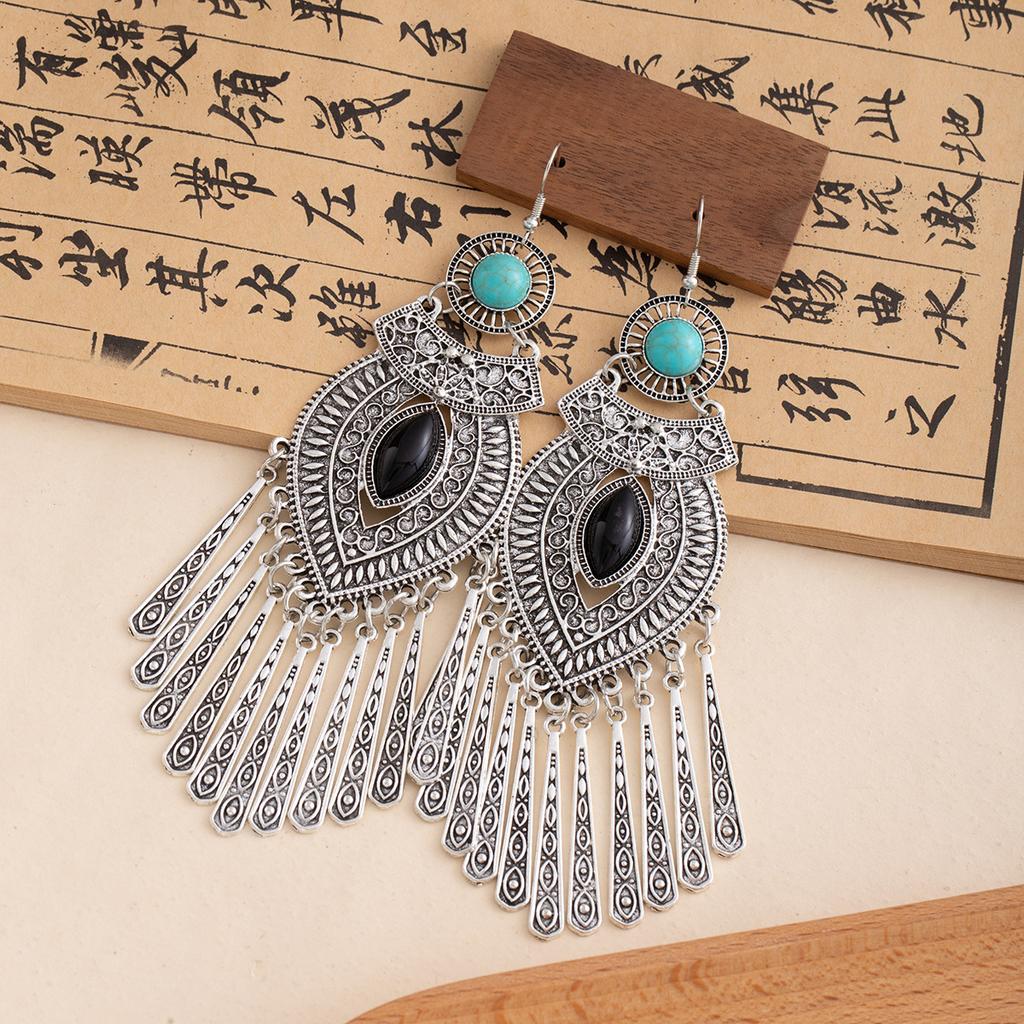 Bohemian Turquoise Long Fringed Stud Earrings Retro Imitation Miao Ethnic Style Earrings