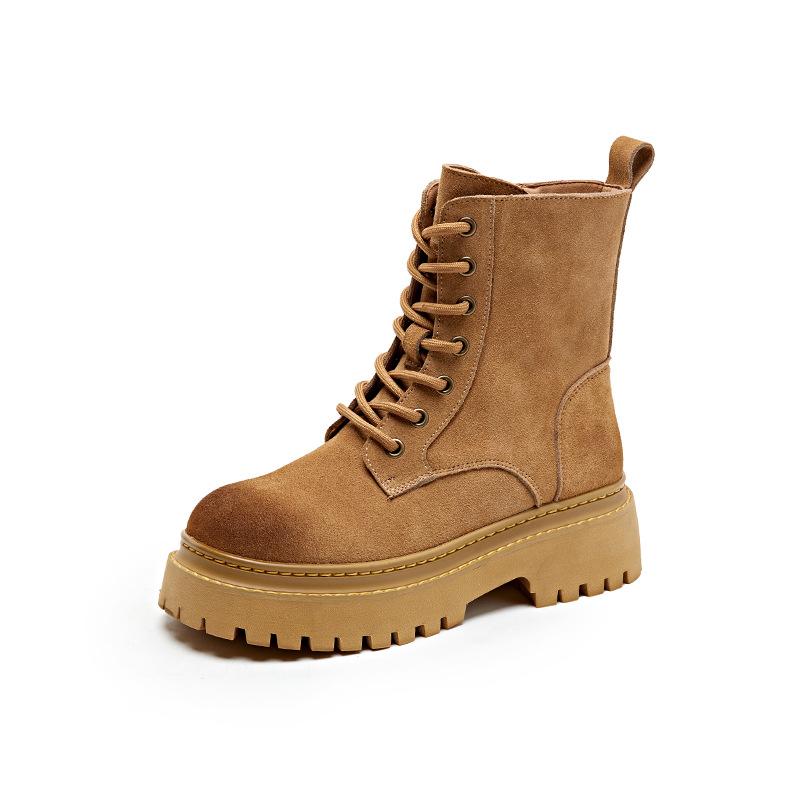 Martin Boots Women's 2025 Autumn New British Style Super Fire Velvet Short Boots Heightened Thick-soled Medium Tube Cowhide Single Boots Rhubarb