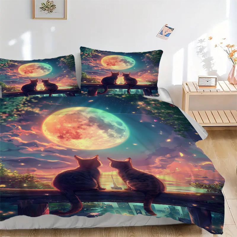 3pcs Anime Cat Moonlight Bedding Set - Includes One Quilt Cover and Two Pillowcases (No Core) - Home Decor Gift for Bedroom and Guest Room D