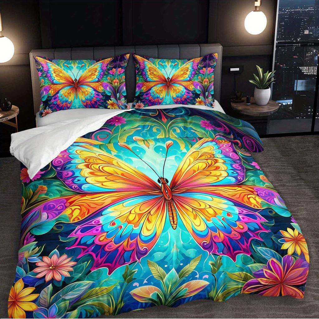 3pcs Vibrant Butterfly Floral Bedding Duvet Cover Set Butterfly Garden Bedding Set Colorful Butterfly Themed Tropical Butterfly
