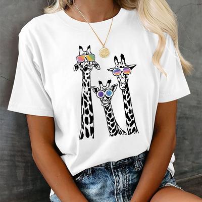 Women Summer T Shirt Giraffe Print Retro Fashion Short Sleeve Tees Casual   Printed  Tops
