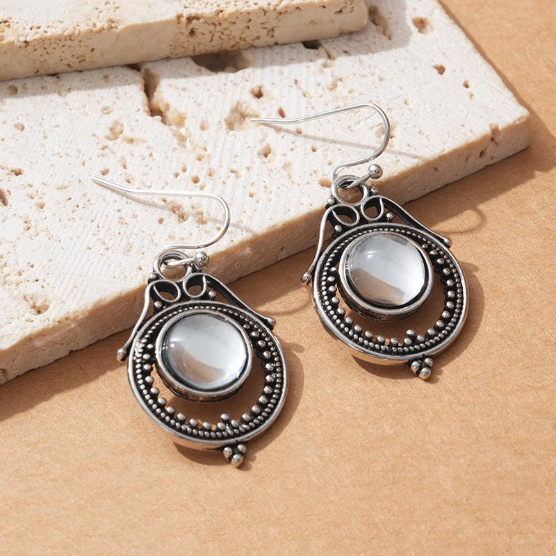 Bohemian Retro Hollow Moonstone Water Drop Dangle Earrings for Women