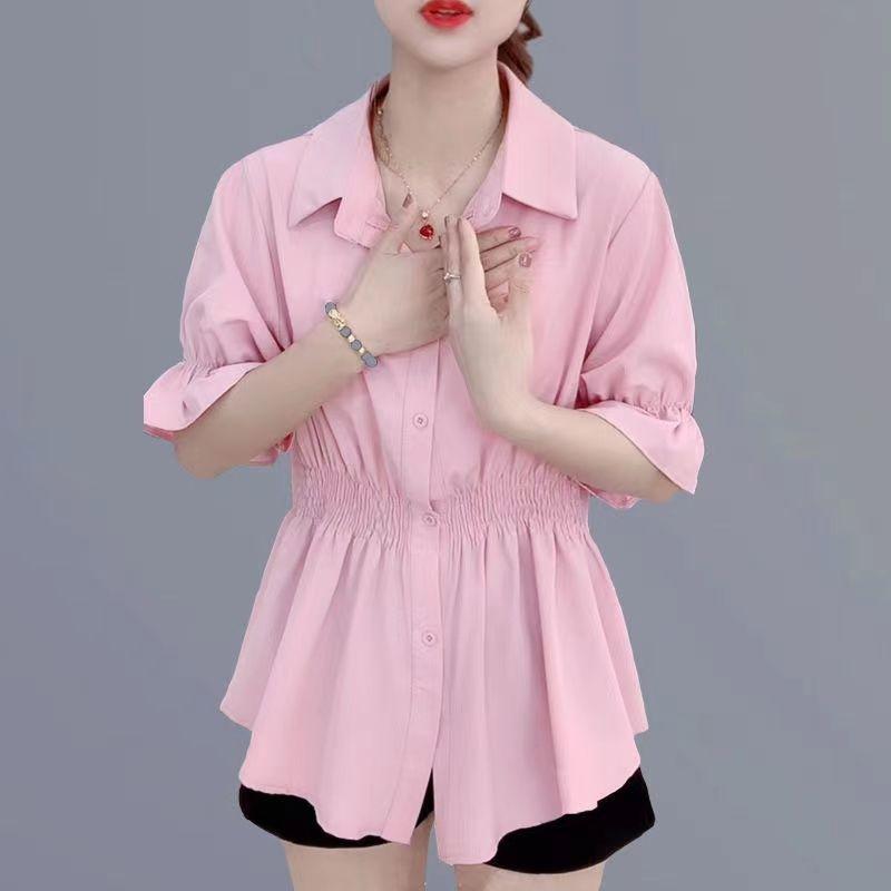 Summer Polo-neck Solid Color Elegant Fashion Waist Shirt Women Short Sleeve Shirring Blouse Female Cardigan Top