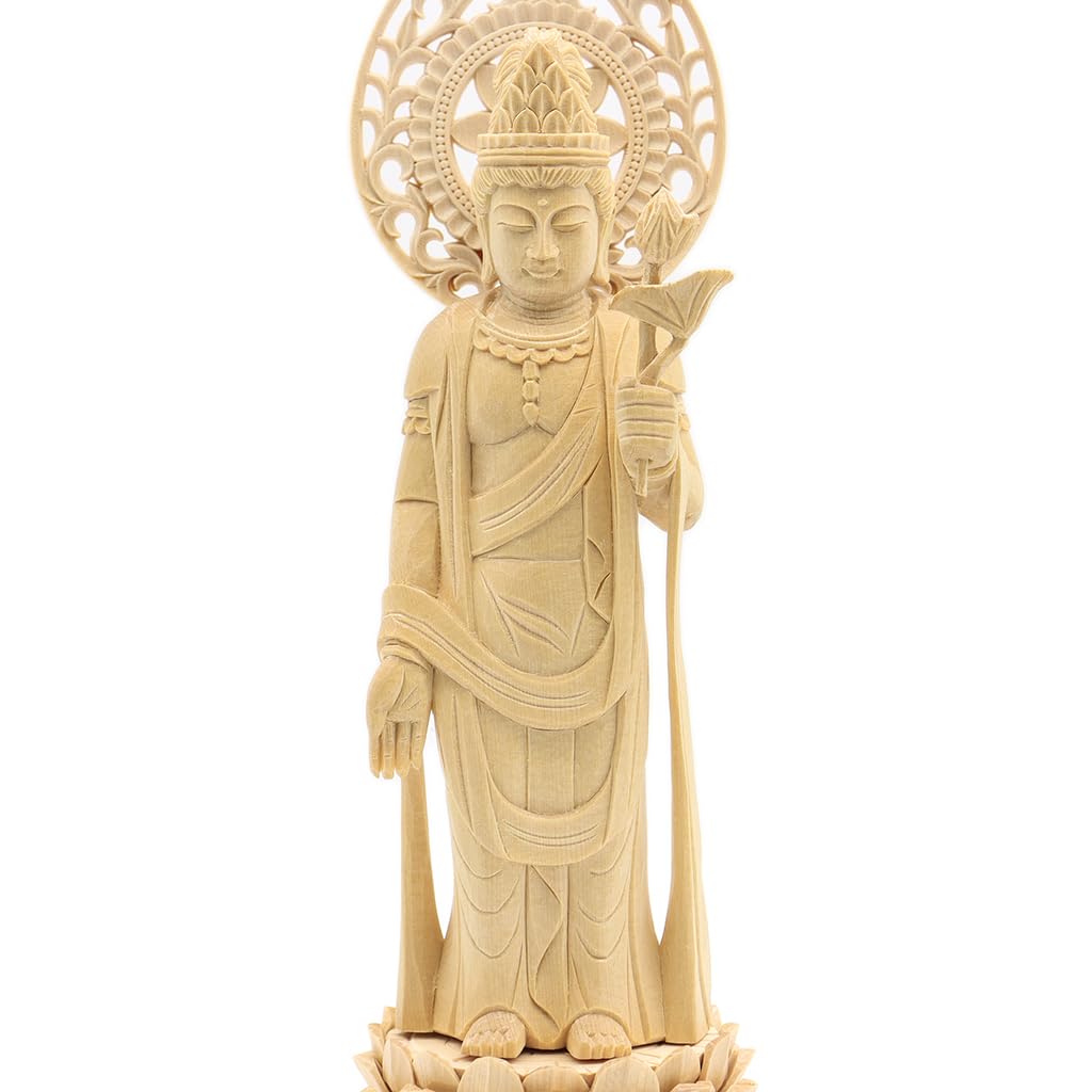 special Buddhist statue Seikannon inches height 23 width 9 depth carved cypress wood with a jeweled halo and round base 8114 Kurita's [Bodhisattva]