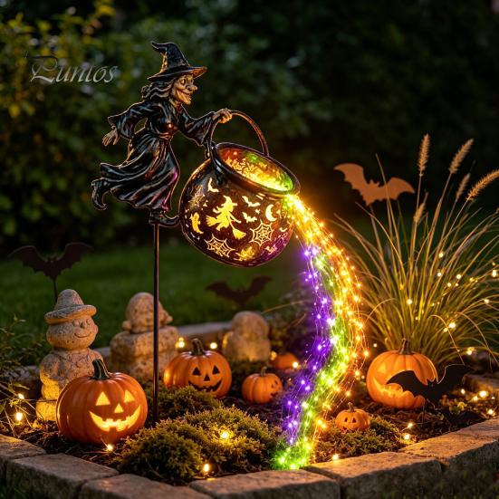 Landscape Decor for Windowsill Halloween Witch Garden Stake Light Outdoor Decoration, 33.5 Inch Waterfall-Style Metal Lighting Lawn Cauldron Ornament,