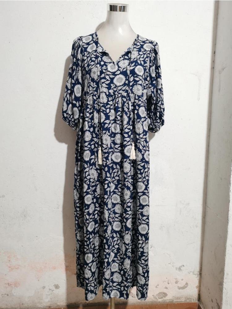 Women Summer Boho Ethnic Print Mid Sleeve Dress Loose High Waist Comfortable Cotton Long Dress Slimming Flattering Fit