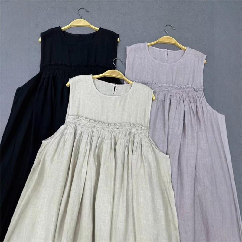 Johnature Casual Sleeveless Style Dress For Women Summer Casual Loose Simple Elastic Waist Dresses