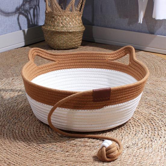 Handwoven Rope Cat Basket Cat Bed Basket with Rope Knot Ball Cat Ear Design Foldable Cat Bed for Indoor Cats Lounging Sleeping Entertainment