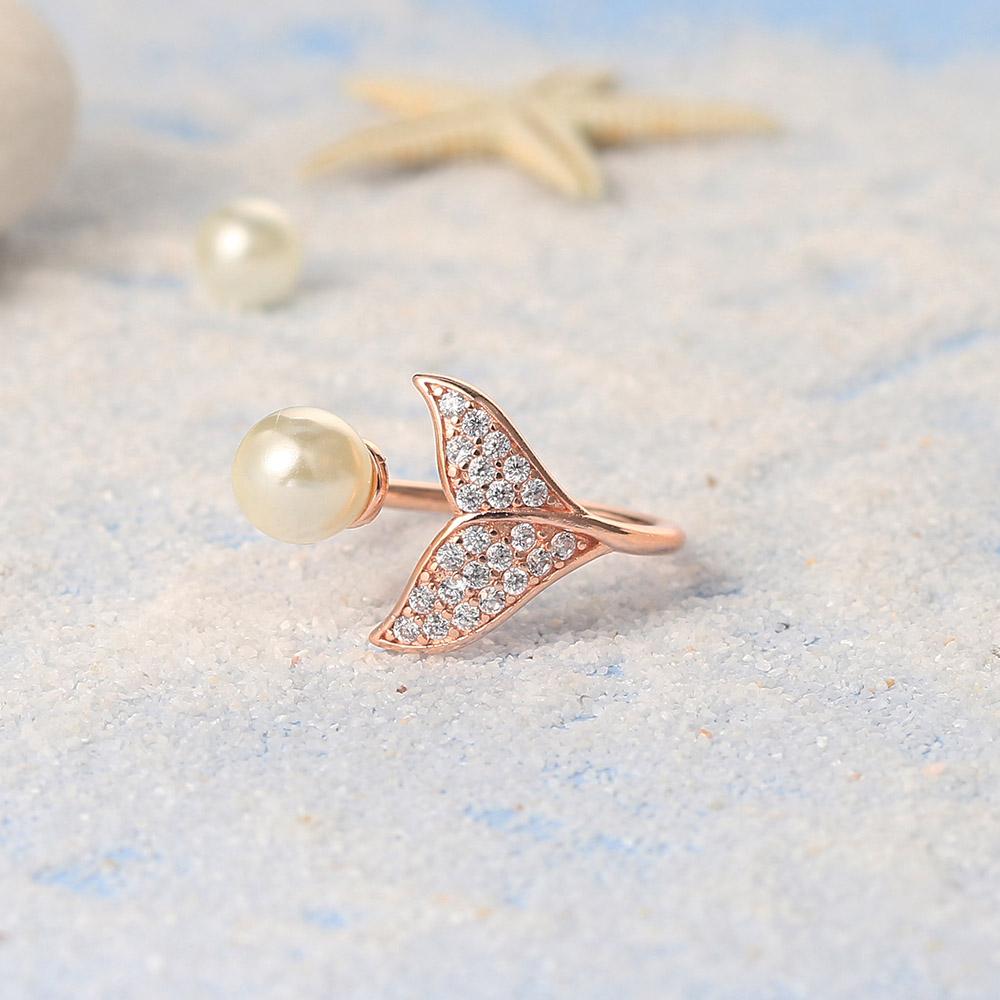 Delicate Whale Tail Shaped Rings for Women Exquisite Cute Pearl Fairy Tale Jewellry Zircon Gold Color Jewelry Accessories R203