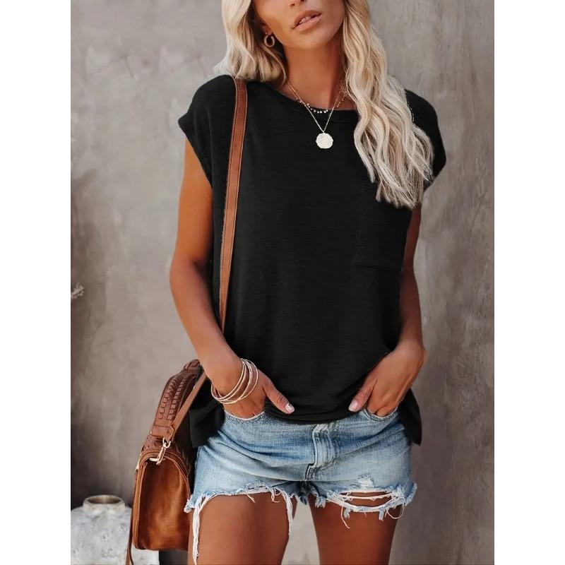 

Summer Women s New Short-sleeved T-shirt Fashionable Simple Pocket Round Neck Top S чёрный