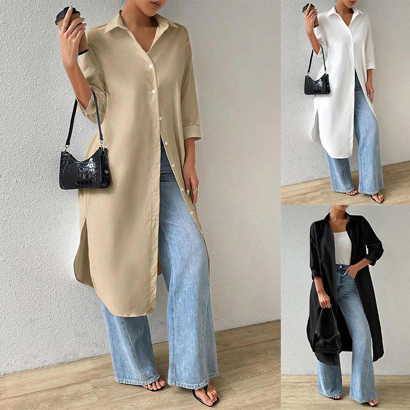 Amazon Europe, America, Autumn and Winter New Women's Clothing Solid Color Fashion Long Cardigan Medium Sleeve Shirt Women