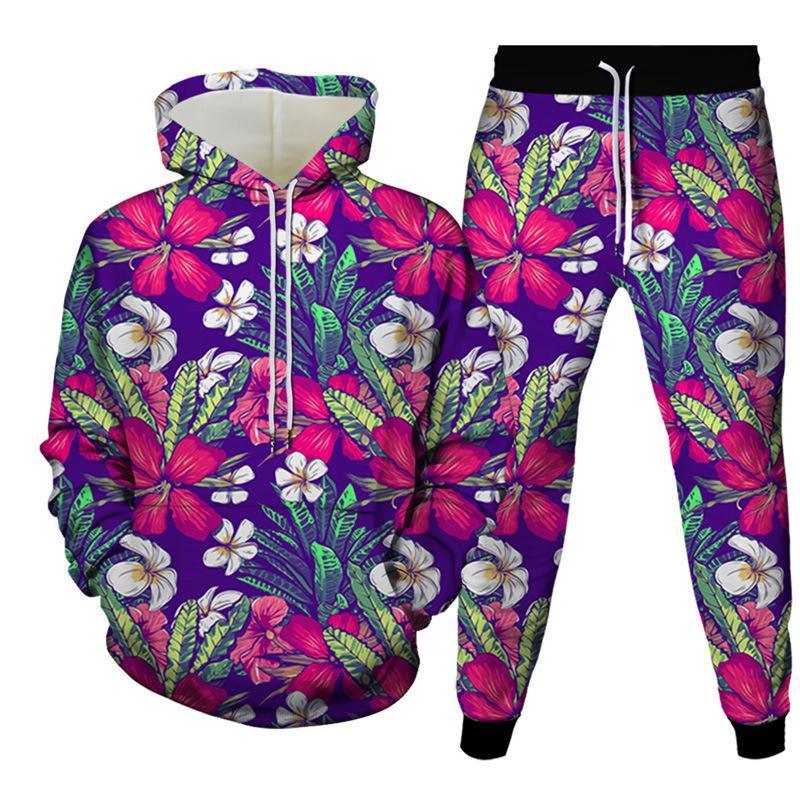 Fashion Floral Flower 3D Print Hoodies Pant Sets Men's Sweatshirts Sweatpants Streetwear Two Piece Suits Tracksuit Man Clothing